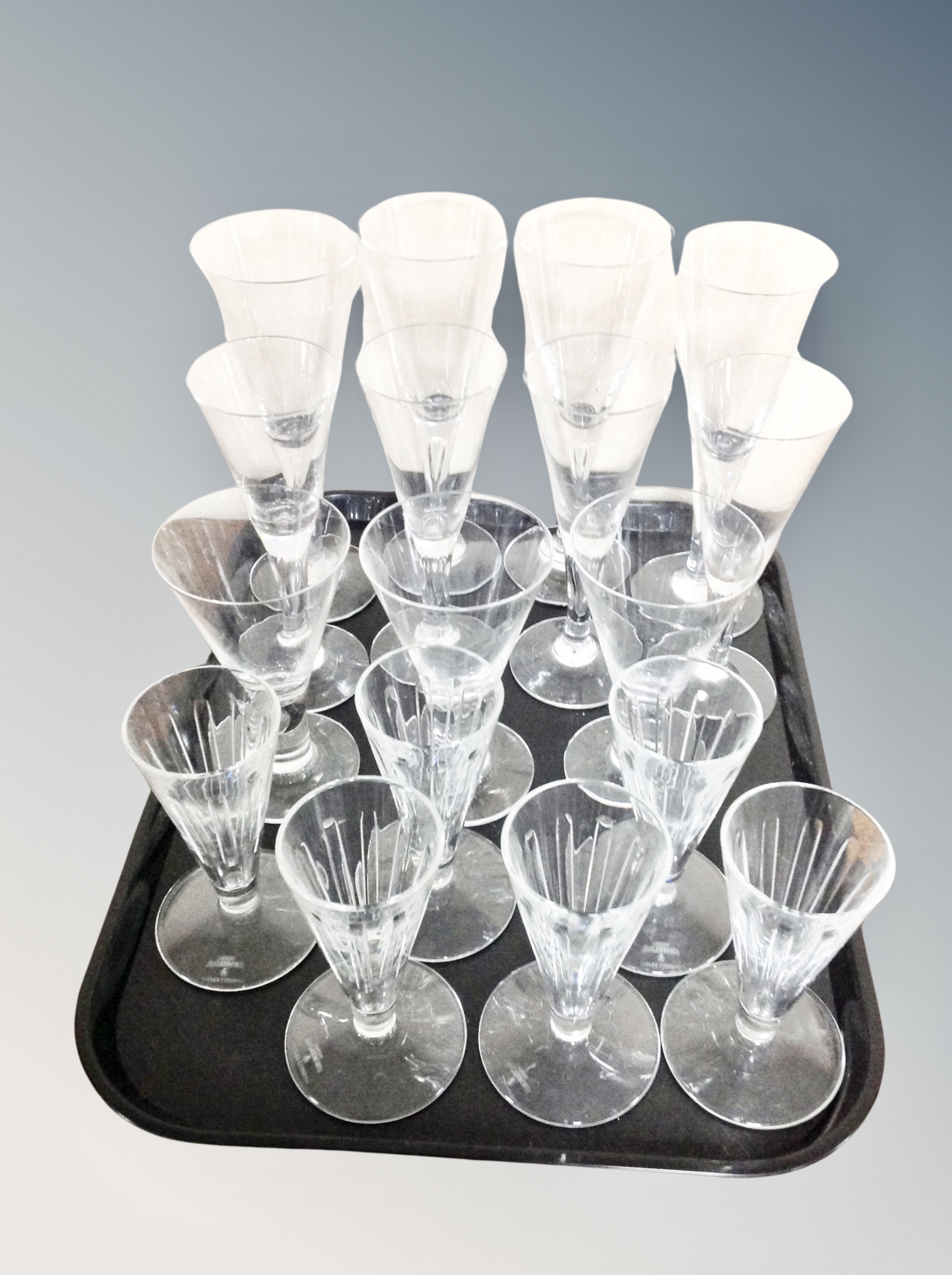 A tray of crystal and glass including Waterford Crystal,