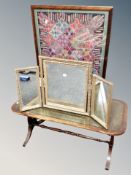 A gilt framed triptych dressing table mirror together with a fire screen and refectory coffee table