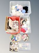 Three crates of wool, knitting needles, sewing boxes,