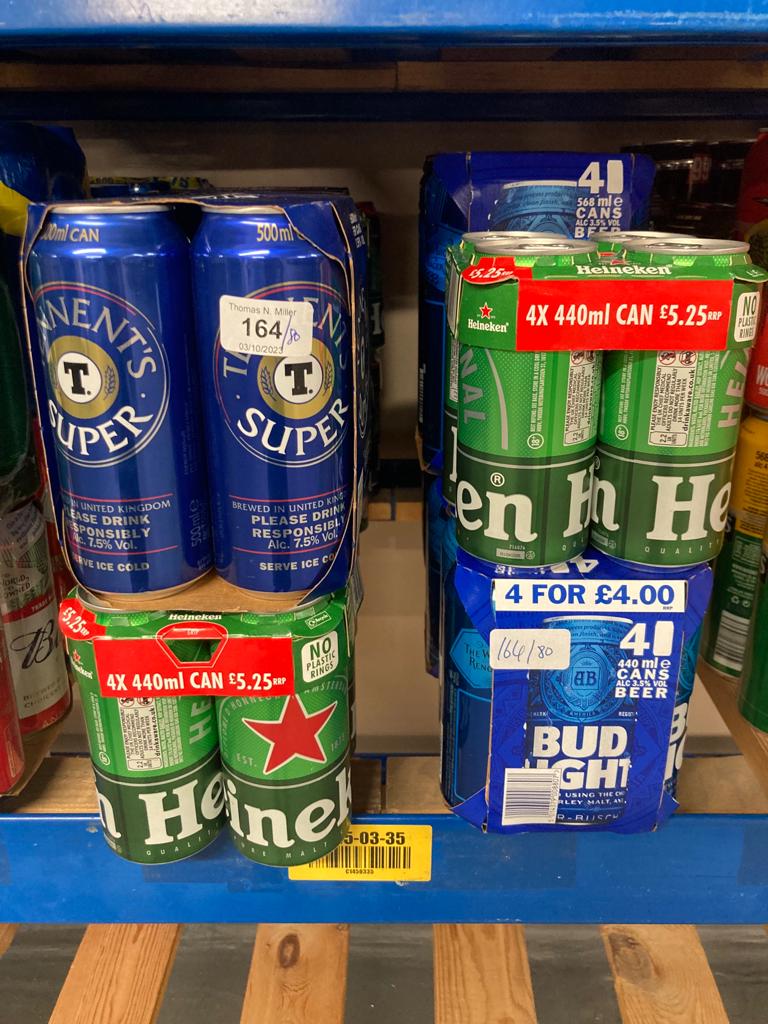 Eighty cans of Lager : Heineken, Tennants Super and Bud Light.
