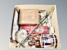 A box of Durham Light Infantry drum, ice bucket with lid, Victorian writing box, needlework tray,