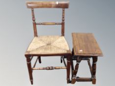 A 19th century oak and beech rush seated kitchen chair together with pegged oak stool