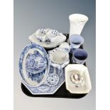 A tray of Copeland Spode Italian blue and white, Royal Copenhagen china,