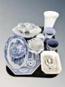 A tray of Copeland Spode Italian blue and white, Royal Copenhagen china,