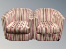 A pair of contemporary tub armchairs in striped fabric