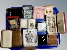 A tray of costume jewellery, cuff links,