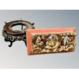 A Chinese painted and gilt wood panel depicting figures, width 27cm,