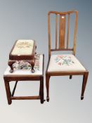 An Edwardian mahogany inlaid bedroom chair with tapestry seat together with two further stools