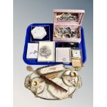 A tray of needlepoint dressing table set, costume jewellery,