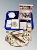 A tray of needlepoint dressing table set, costume jewellery,