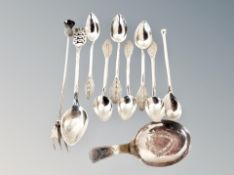 A collection of silver and white metal cutlery : caddy spoon,