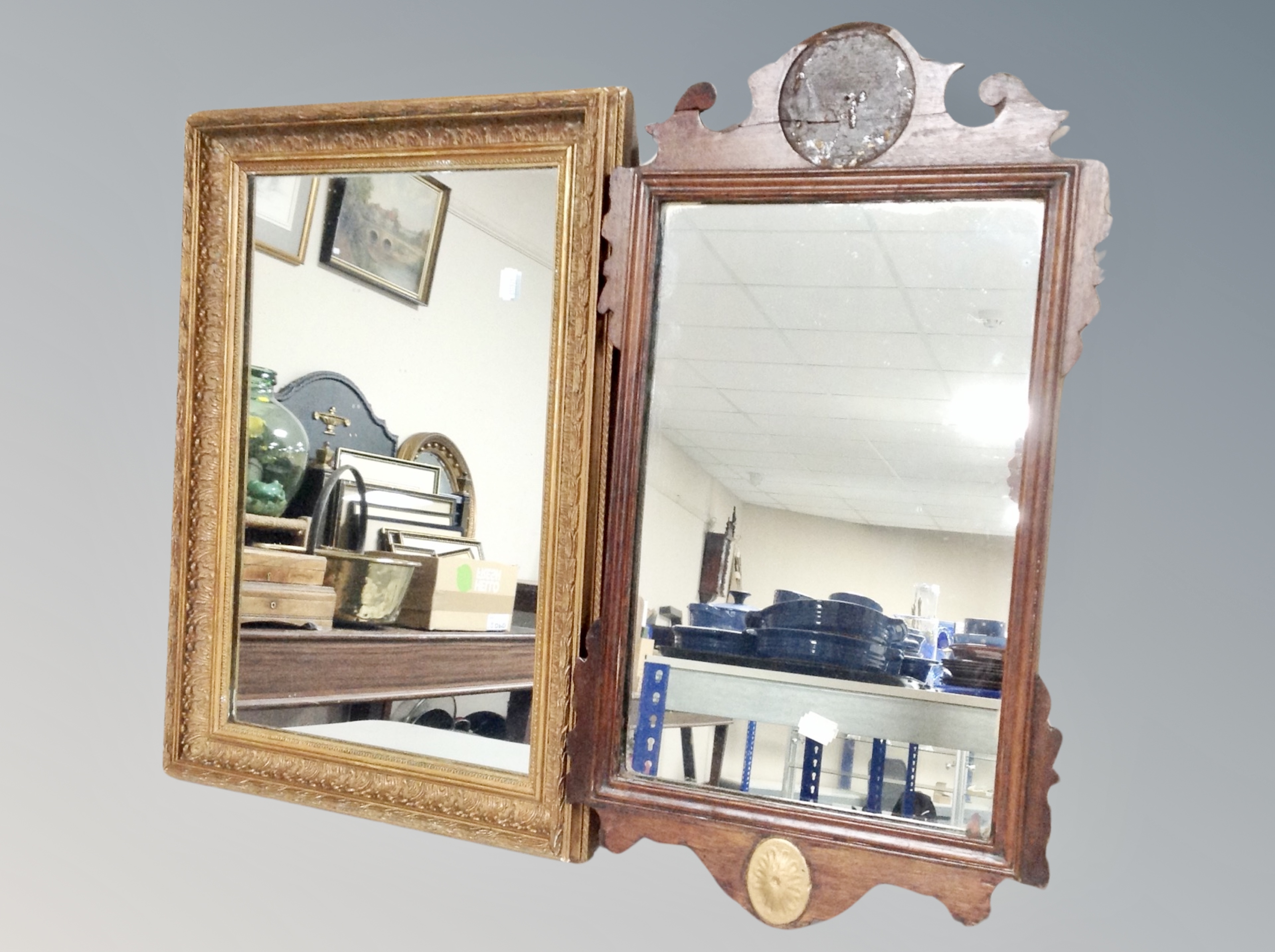 A 19th century Chippendale style wall mirror together with further gilt gesso mirror