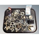 A tray of costume jewellery, necklaces, bracelets.