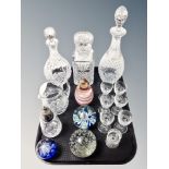 Three crystal decanters, jug, sifter,