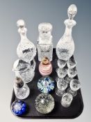 Three crystal decanters, jug, sifter,