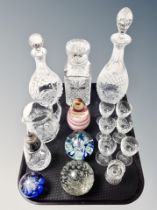 Three crystal decanters, jug, sifter,