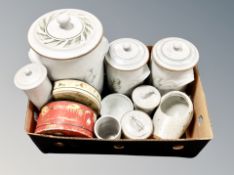 A box of earthenware kitchen storage jars,