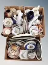 Three boxes of contemporary ceramics, collector's plates, flower posies,