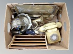 A box of serving tray, telephone, bugle,