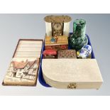 A tray of jewellery box, boxed coasters, glass ware, Smiths travel clock,