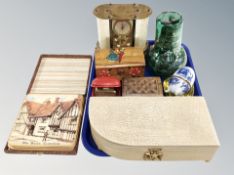 A tray of jewellery box, boxed coasters, glass ware, Smiths travel clock,