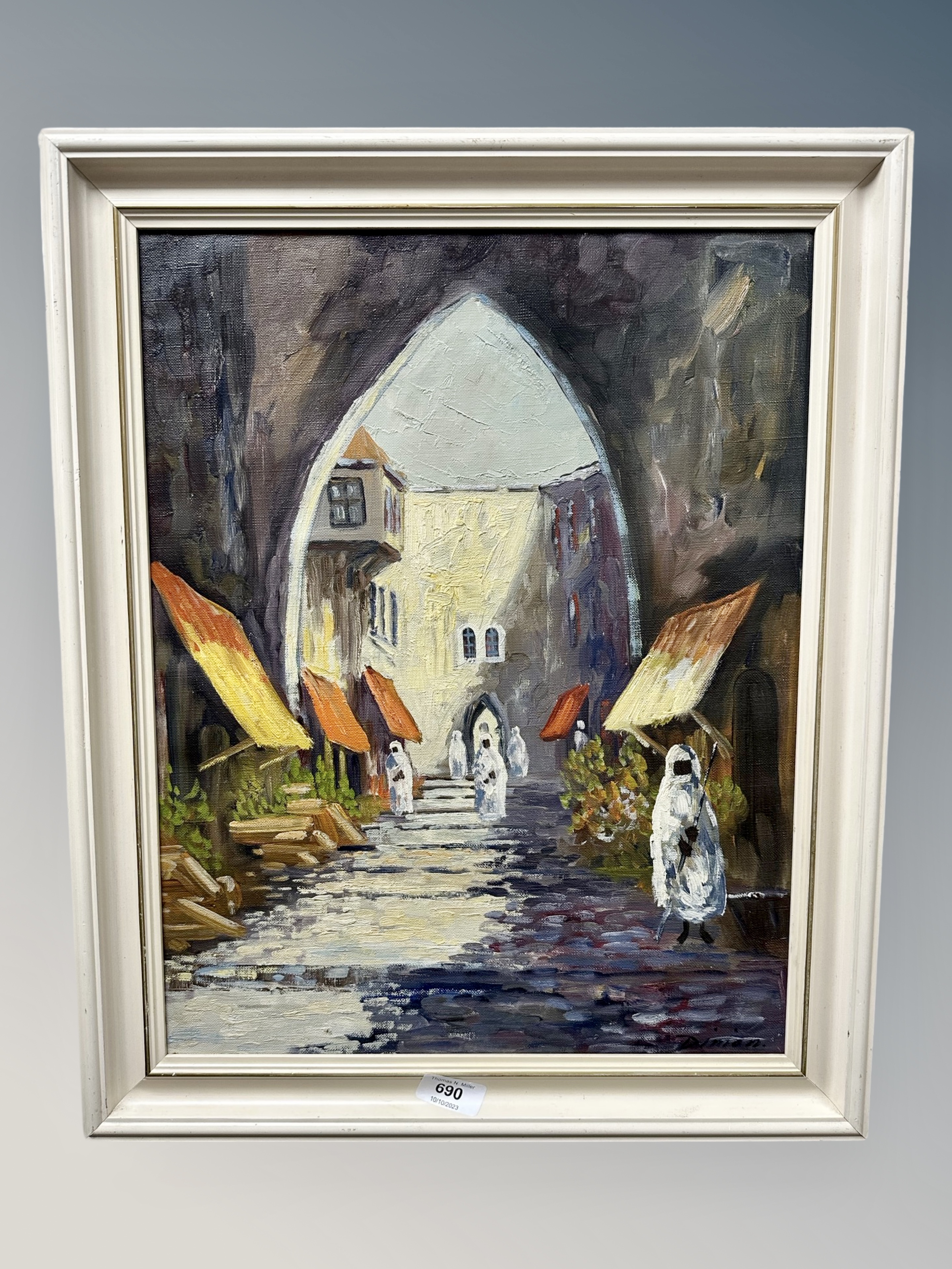 Continental School : Figures in a street, oil on canvas ,