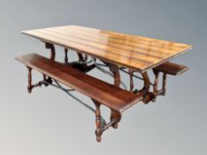 A mahogany dining table, length 204 cm, together with a matching pair of benches,