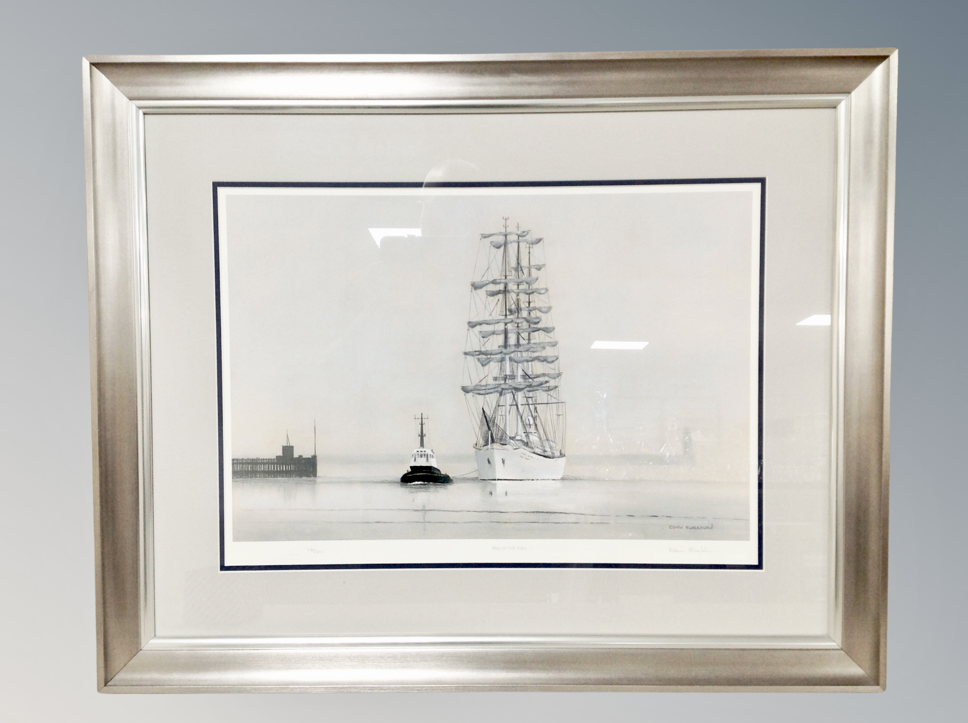 After Edwin Blackburn : Fog on the Tyne, reproduction in colours, signed in pencil, numbered 14/200,