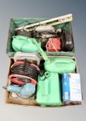 Two boxes of power tools, extension reel, fuel cans,