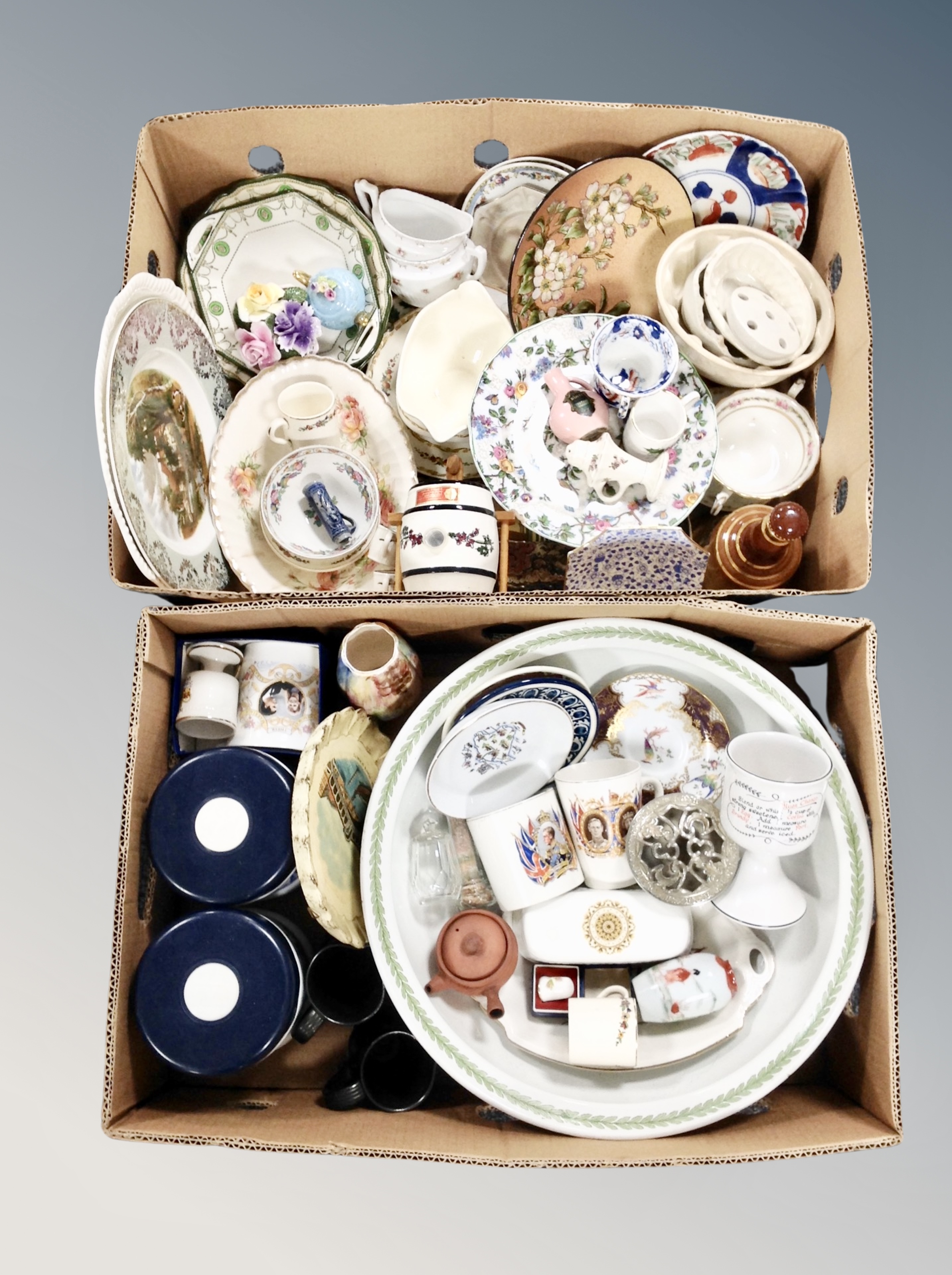 Two boxes of assorted china and ceramics, commemorative mugs, sherry barrel, collector's plates, - Image 2 of 2