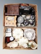 Two boxes of silver plated wares, tea set, pair of Soviet binoculars, contemporary mantel clocks,