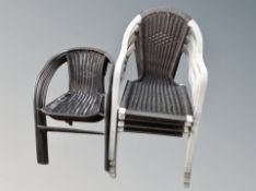 Two sets of four stacking garden arm chairs and a further wicker chair