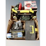 Two boxes of power tools, electric polisher, adjustable work bench,