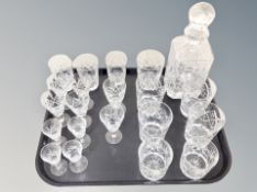 A collection of crystal, decanter with stopper, wine glasses,