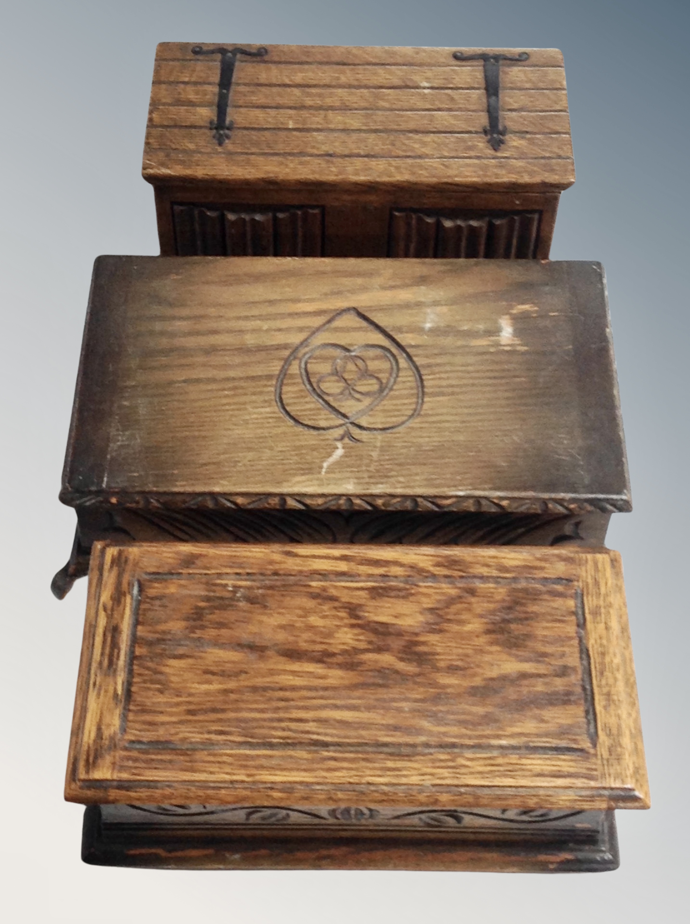 Three oak musical table boxes