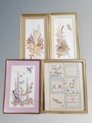 Four gilt framed embroideries