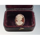 A silver and marcasite cameo brooch