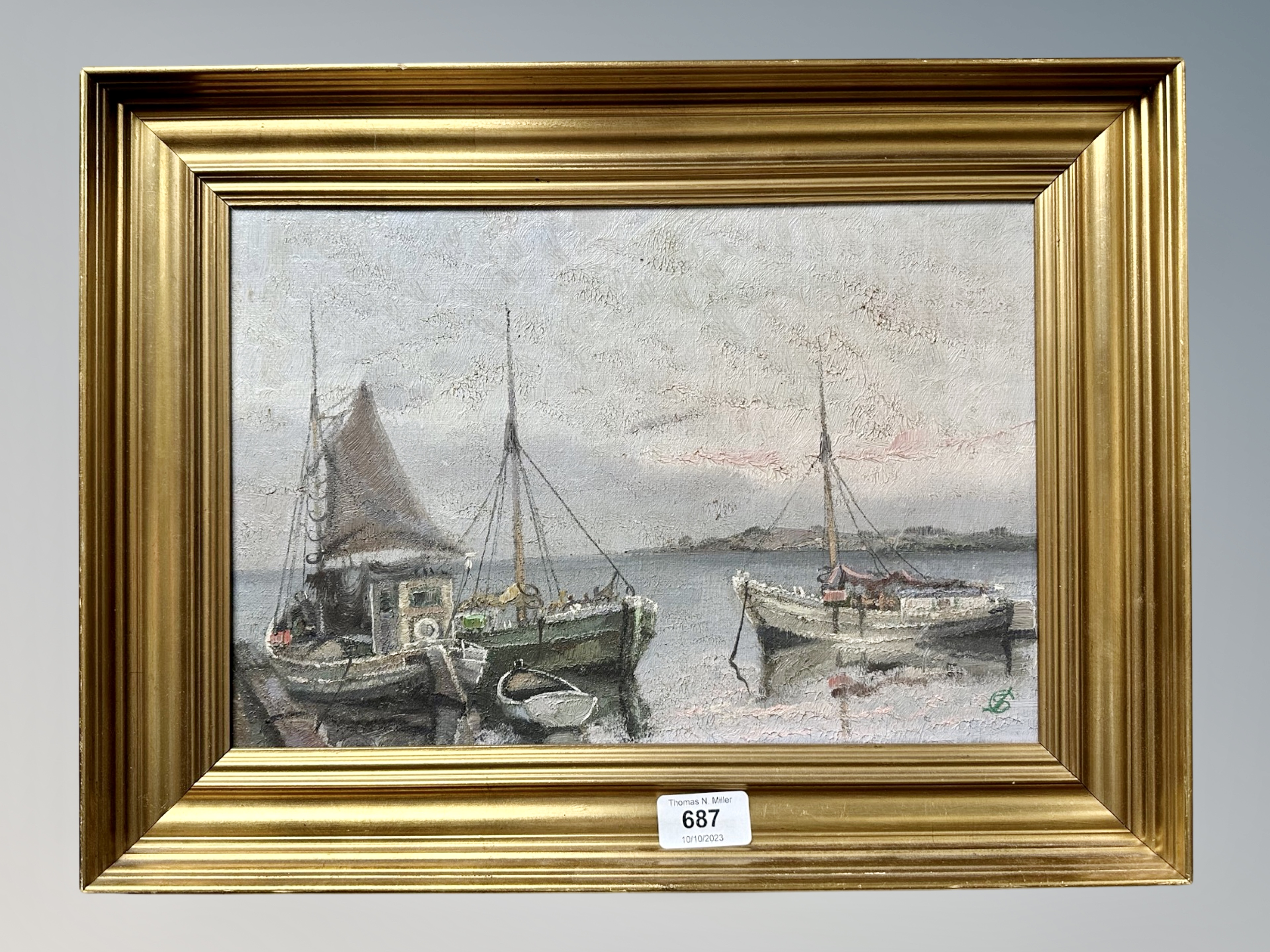 Danish School : Fishing boats at low tide , oil on canvas ,