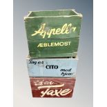 Three Danish pine crates bearing advertising