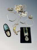 A group of silver jewellery, two bangles, owl brooch, faux pearls etc and a silver thimble in box,