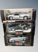 Two boxed Burago die cast vehicles 1/18 scale - Jaguar E Cabriolet and Mercedes Benz SL together