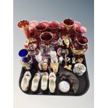 A group of gilt ruby glass ware, drinking glasses, pair of vases, Royal Albert porcelain shoes,