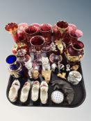 A group of gilt ruby glass ware, drinking glasses, pair of vases, Royal Albert porcelain shoes,