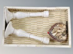 A polished shell decorated twin handled tray together with two similar candlesticks and folk art
