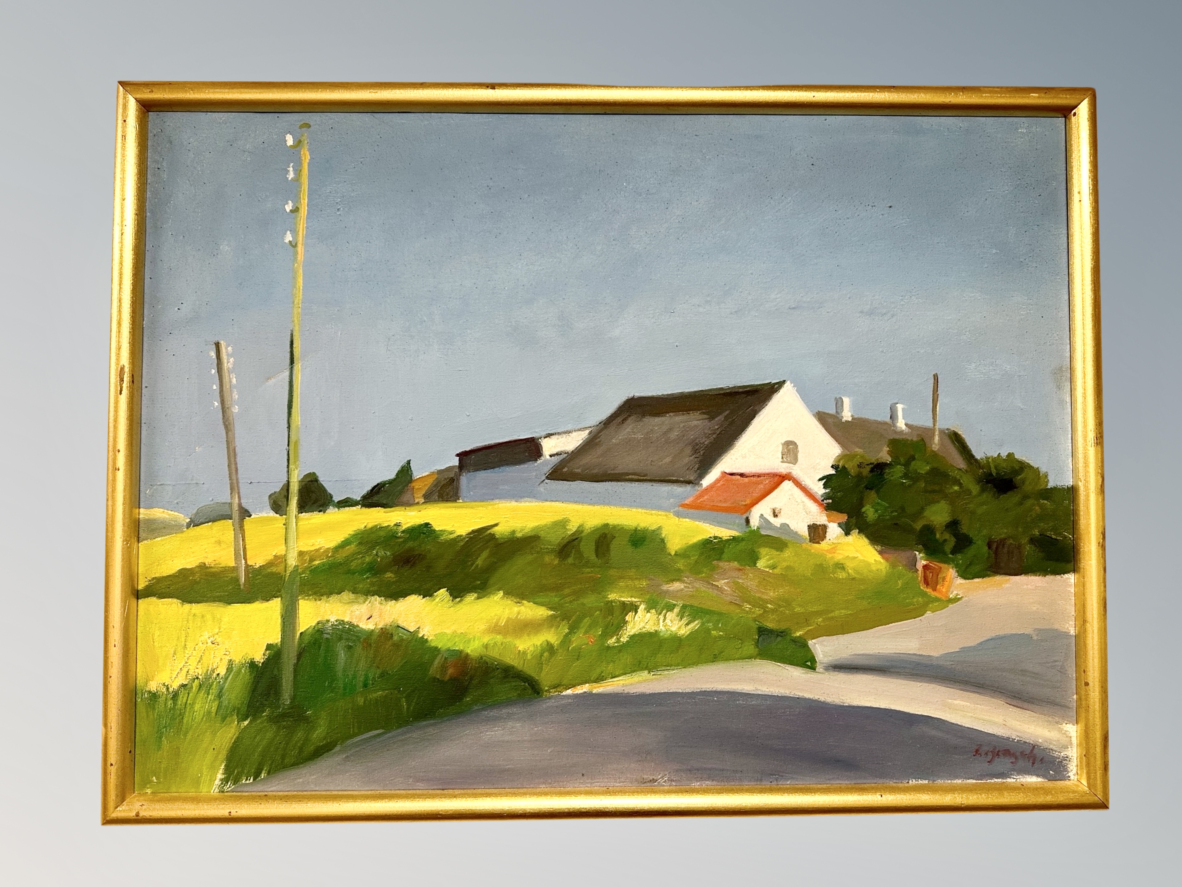 Danish School : White farm building on hillside, oil on canvas ,