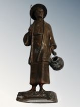 A Japanese patinated metal figure of a fisherman,
