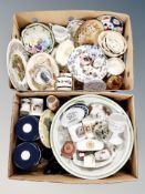 Two boxes of assorted china and ceramics, commemorative mugs, sherry barrel, collector's plates,