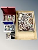 A box of various costume jewellery, faux pearls,