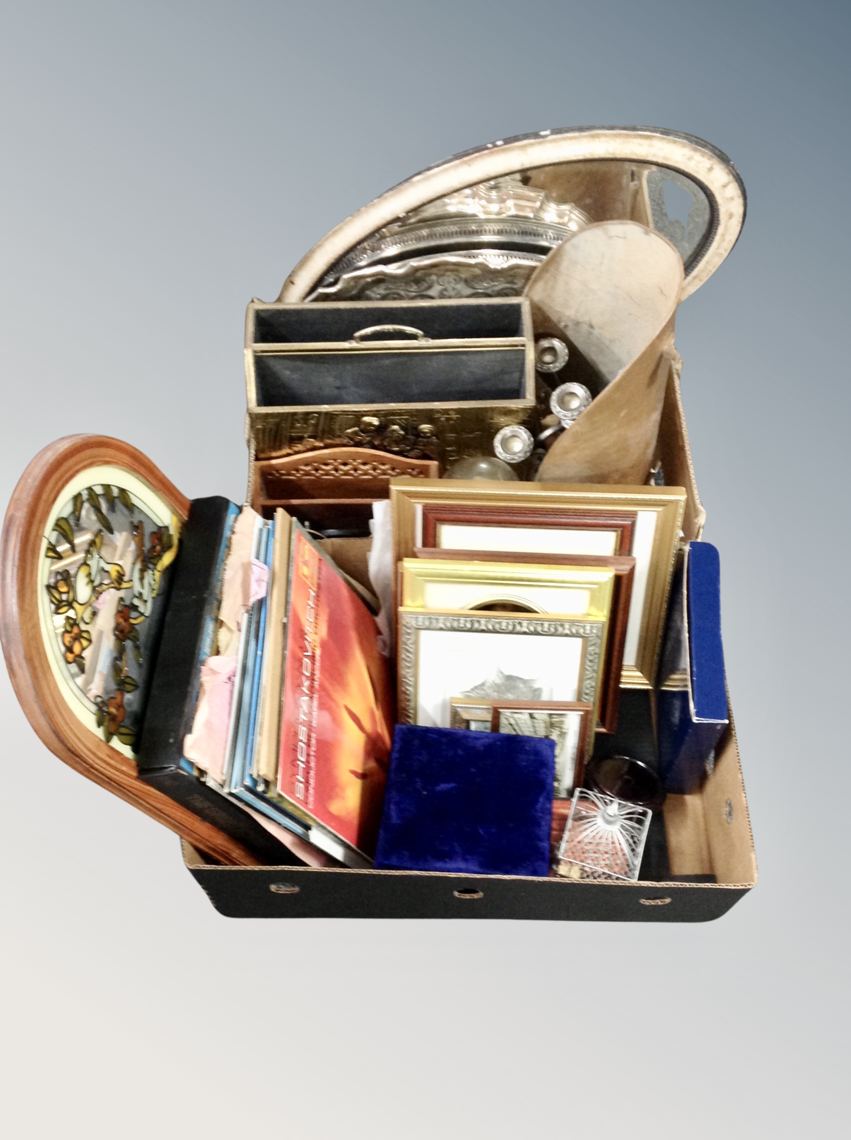 Two boxes of silver plated serving trays, candleabrum, mirror, coal scuttle, brass magazine rack,