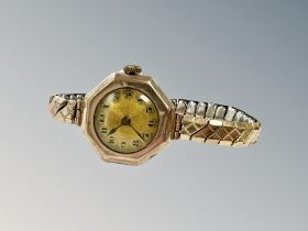 A lady's vintage 9ct gold wristwatch on plated expansion strap